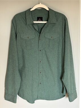 prAna Men’s Sage Green Long Sleeve Button-Down Shirt | Large | Roll-Tab Sleeves